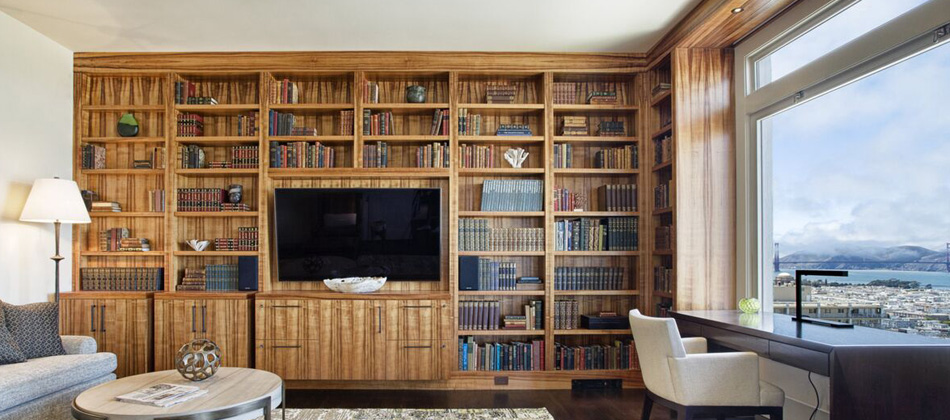 Built-in wood bookcase with city view